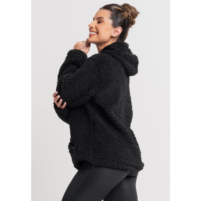 Casaco MVB Modas Flanelado Peluciado Feminino Capuz Bolso Teddy Preto