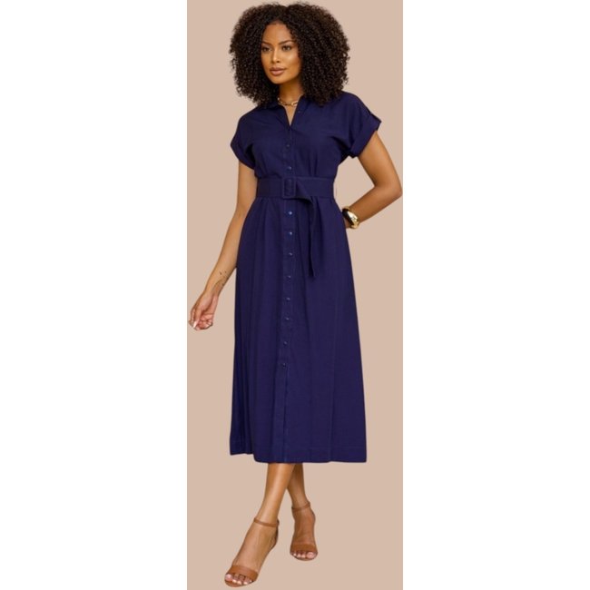 Chemise Midi Ícone Fashion Manga Curta com cinto Azul Marinho