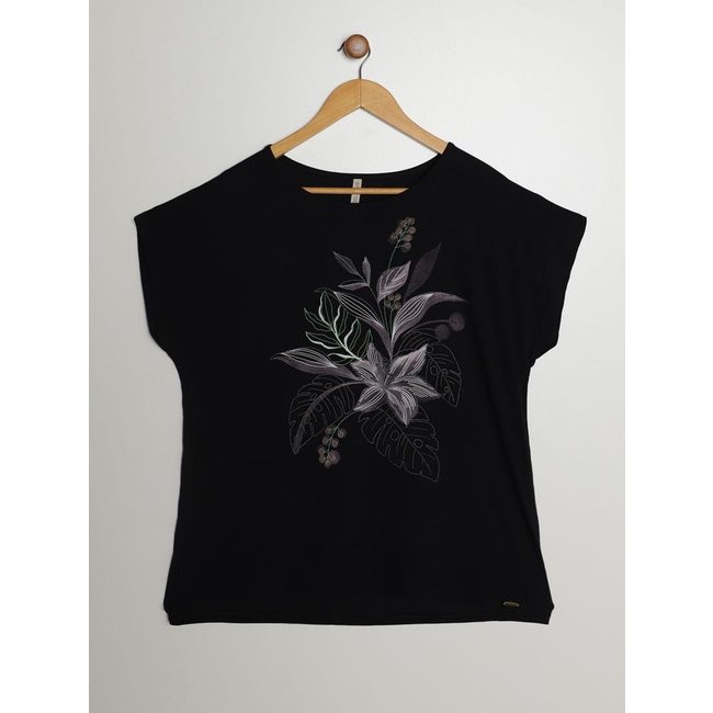 Blusa Silk Floral Manga Curta Plus Size Feminina PRETO