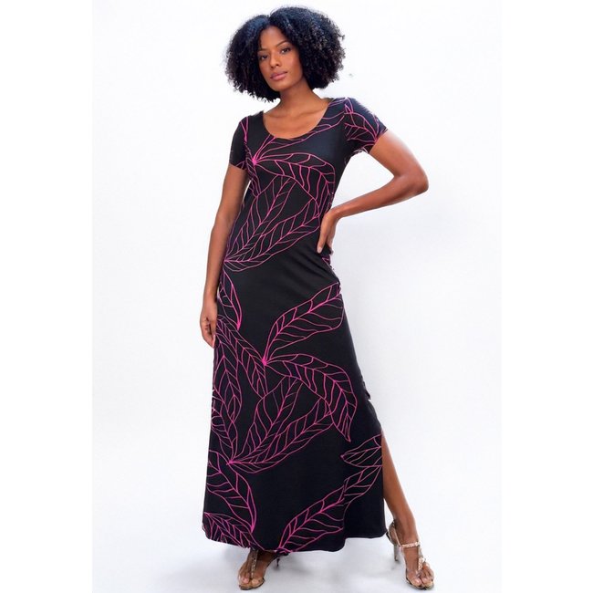 Vestido Longo Cabanafree Malha Gola Canoa Manga Curta Antúrios Lilás