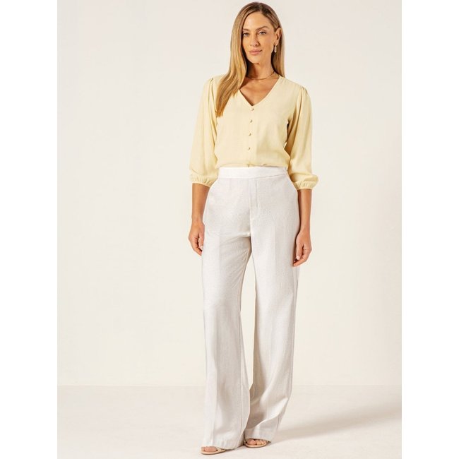 Calça Wide Leg em Viscose Fluid com Linho Off White Julienne
