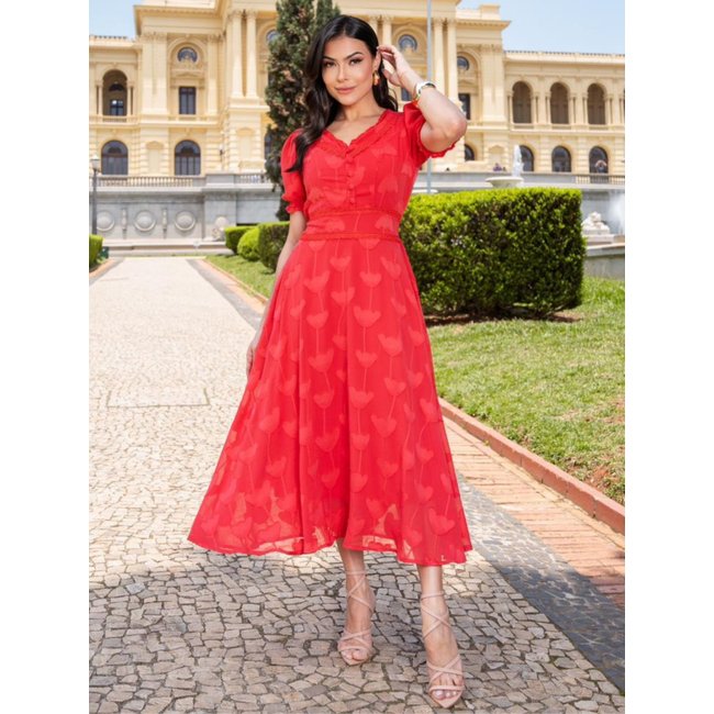 Vestido Midi de Festa Decote V Manga Princesa com Botão Elegante Soltinho Branco