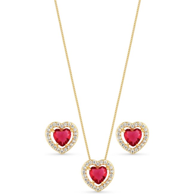 Conjunto Semijoia Colar E Brinco Coração Fúcsia E Micro Zircônias Banhado A Ouro 18K Cj008-003 Dourado