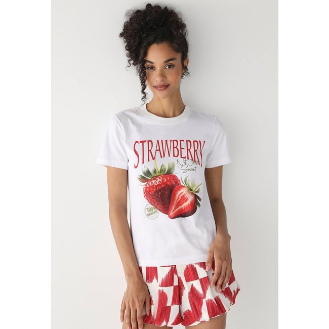 Camiseta Feminina Fiveblu Estampada Strawberry Off White