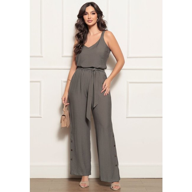 Conjunto Calça Pantalona com Botões na Barra e Regata com alça larga Tecido Premium - Cinza