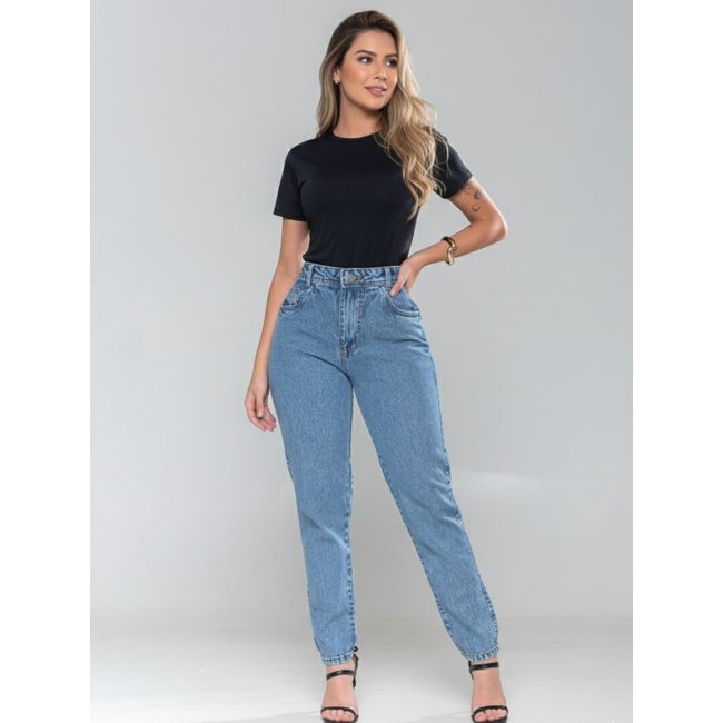 Calça Feminina Mom Alpha Street Wear Casual e Confortável Azul Claro