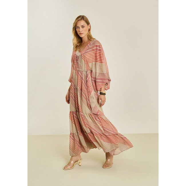 Vestido Maria Valentina Solto Decote V Manga Longa Longo Bege