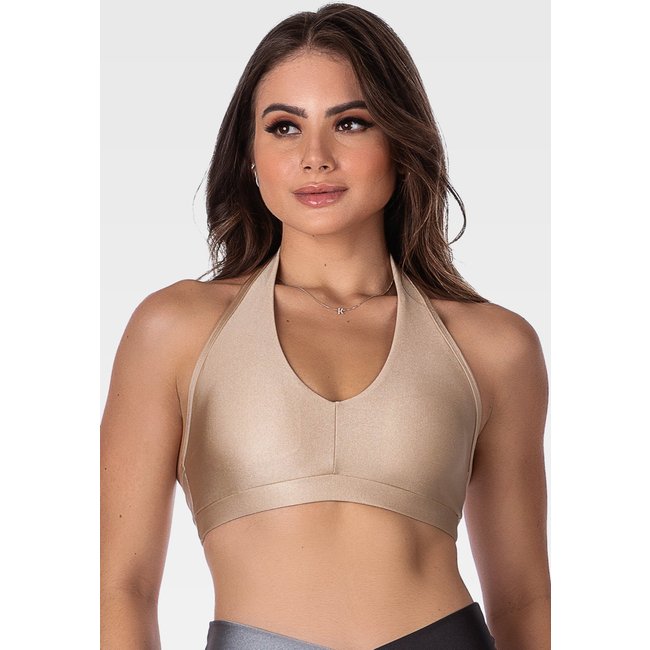 Top Fitness Frente Única com Decote Estiloso e Bojo RemovÍvel Summer Soul Bege