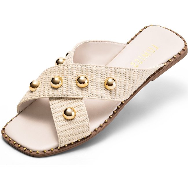 Sandália Rasteira Feminina Lumiss Confortável Juta Esfera Bico Quadrado Off White