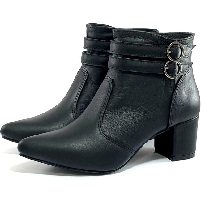 Bota Feminina Em Couro Lirom Cano Curto Salto Grosso Bico Fino Confortável Preta Preto