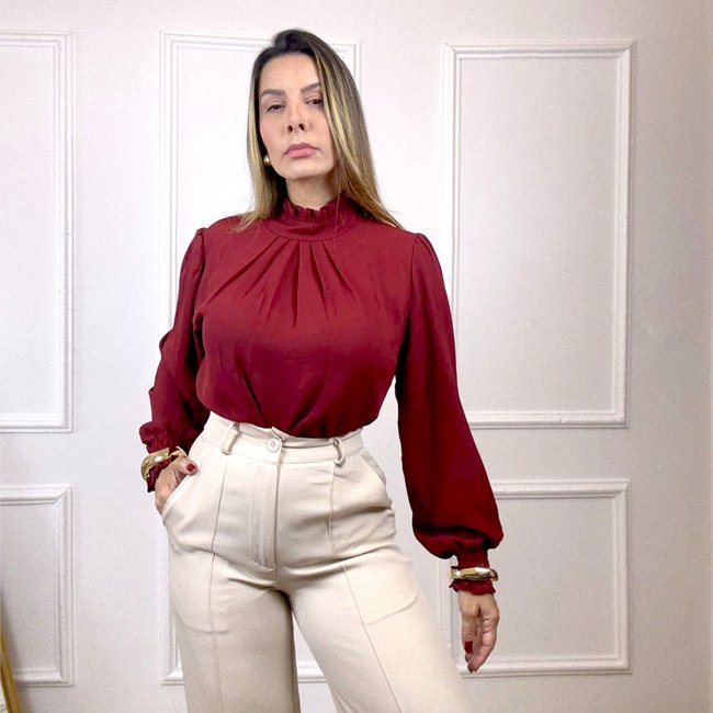 Blusa Marsala Gola alta Dress Code Punho Manga