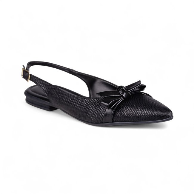 Sapatilha Slingback Fivela Bico Fino Tramado Laço Delicado Preto
