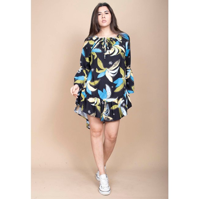 Vestido Curto Cabanafree Viscose Com Babados Estampa Jardim Noturno
