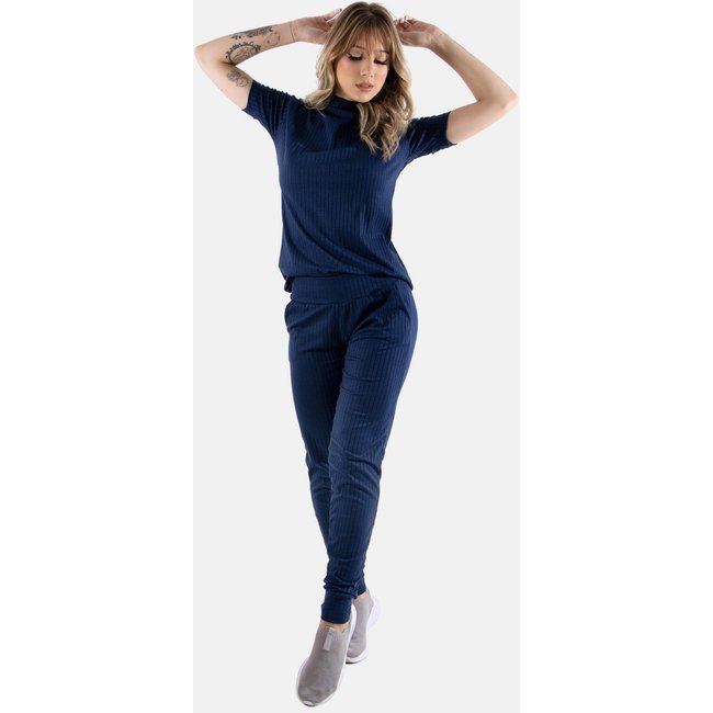 Conjunto Canelado Manga Curta 4 Estações Blusa Canelada Calça Jogger Cintura Alta Liso Azul Marinho.
