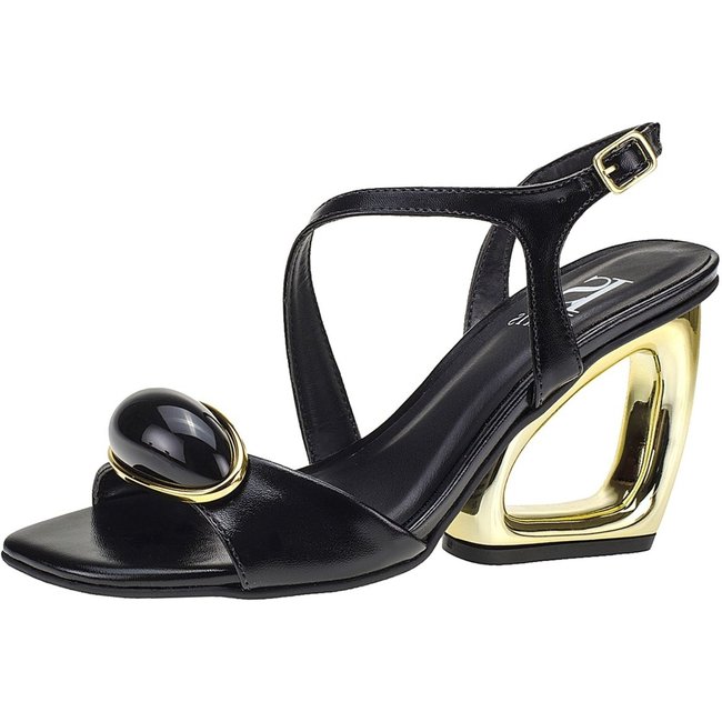 Sandália Lóris Shoes Feminina Salto Estilizado Metálico com Enfeite ABS Salto Médio Fashion 2001 Preto