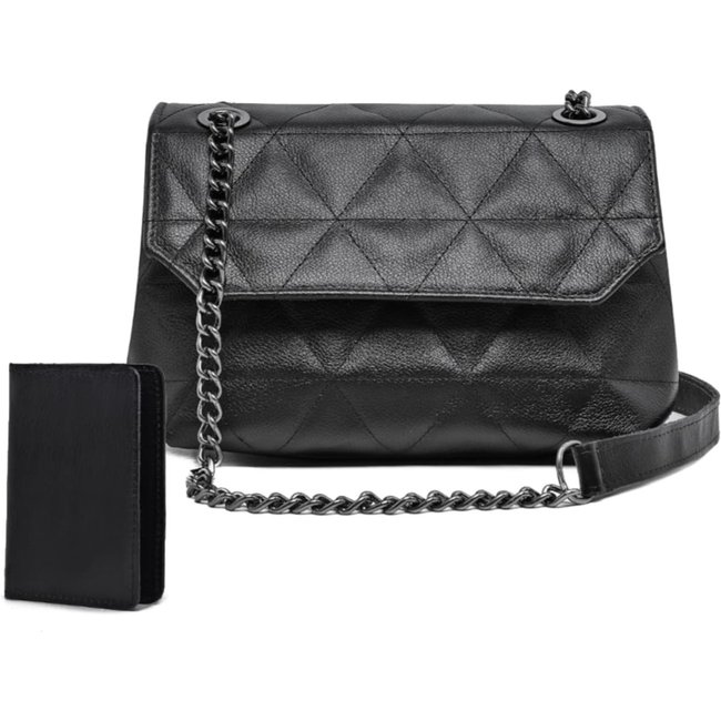 Bolsa De Couro Legitimo Feminina Preta Bordada Triangulo Alça De Ombro 2 Repartições E Carteira Kit