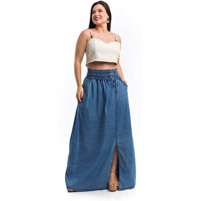 Saia Longa Restrito Jeans Com Lastex - AZUL
