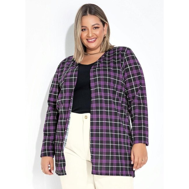 Cardigan Plus Size Xadrez Roxo Marguerite