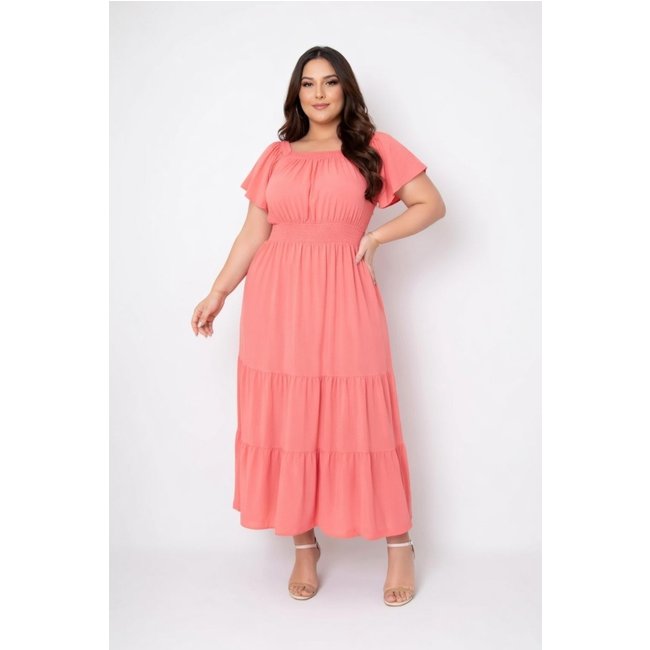 Vestido Midi Plus Size D Bell Outlet Fashion Três Marias Salmão