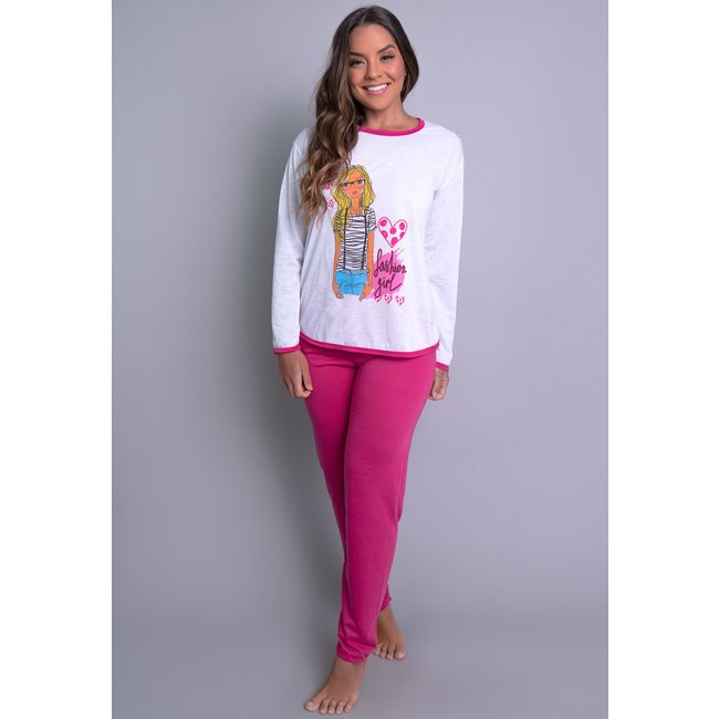 Pijama MVB Modas Longo Adulto Manga Comprida Inverno Pink