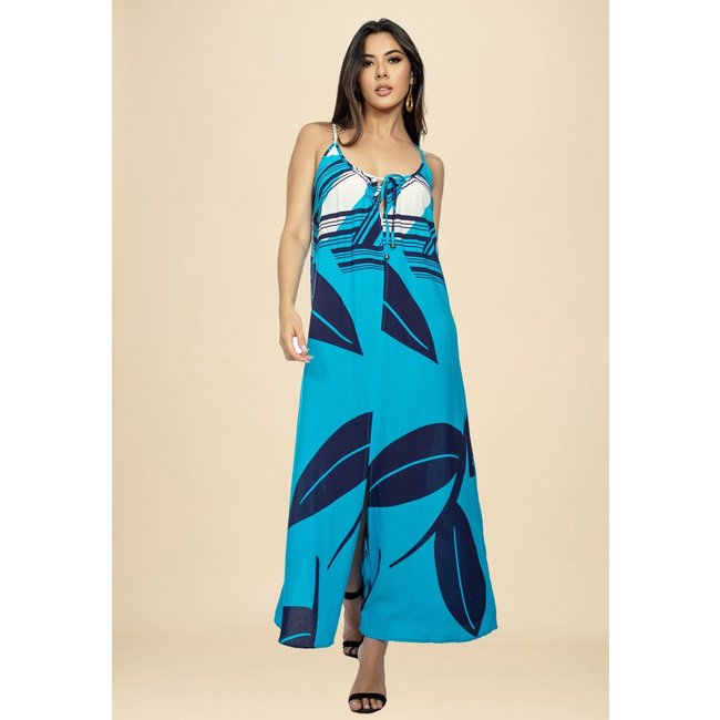Vestido Longo Caçuá Viscose Amazonia Vital Alça Fina Estampa Imbé Blue