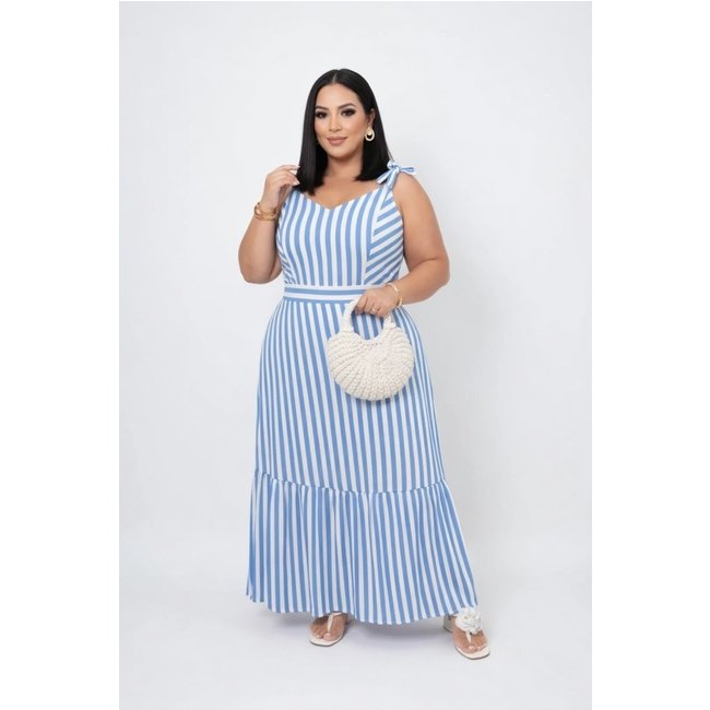 Vestido Longo Plus Size D Bell Outlet Fashion Listrado Alça Amarração Azul