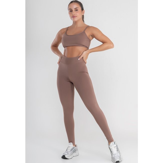 Conjunto Fitness Gringa Feminino Bravaa Store Academia Calça Legging Top Decote 080+124 Castanho