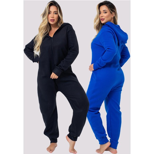Kit 2 Pijamas Soft Feminino Adulto Mulheres Confortável Quentinho Conjunto Plush Roupa Inverno 4 Estações Preto e Azul Royal