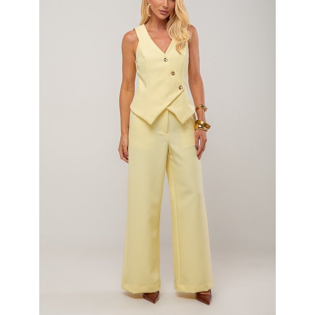 Conjunto Feminino Alfaiataria Elegante Calça e Colete com botões dourados Muy Linda Amarelo
