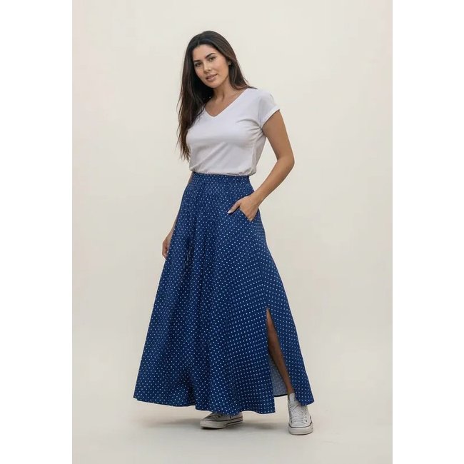 Saia Cabanafree Longa Viscose Azul Poá