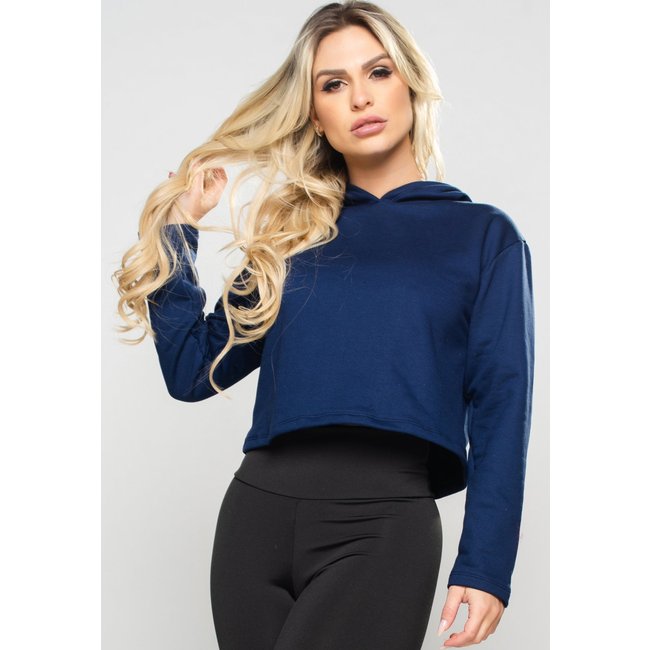 Casaco MVB Modas Manga Longa Cropped Moletom Flanelado Capuz Azul