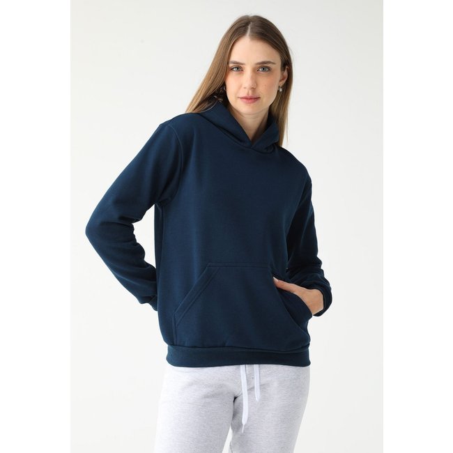 Blusa de Frio Moletom Feminino Flanelado Benellys Liso Canguru Marinho