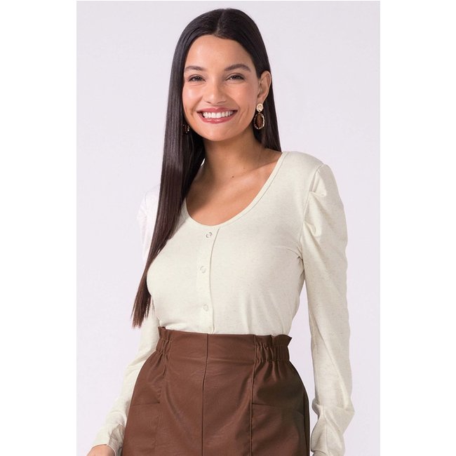 Blusa Feminina Decote U Com Botões Marialícia Bege