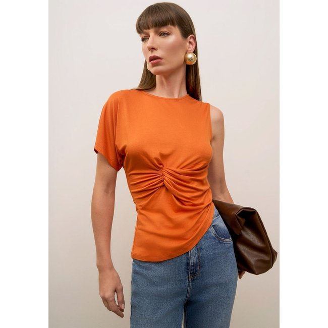 Blusa Iódice Ajustada Decote Careca Manga Curta Padrão Laranja