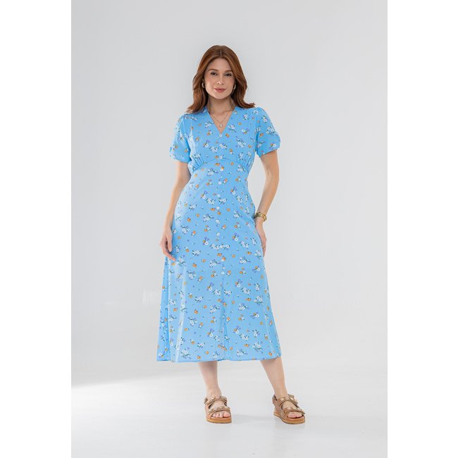 Vestido Aura Midi Celina Viscose Floral Azul