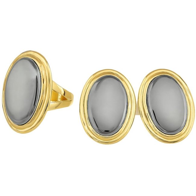 Kit Brinco e Anel 16 Oval Dourado com Pedra Grafite Premium Prata