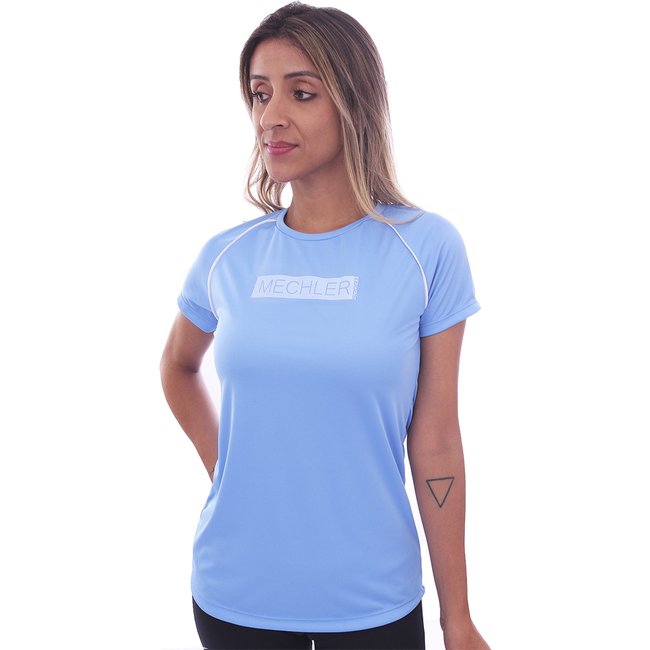 Camiseta Feminina Dryfit Raglan Manga Curta Proteção Solar UV 50 Academia Verão Adulto Esporte Mechler Azul Céu