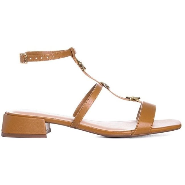 Sandália Giulia Domna Salto Bloco Couro Camel Incolor