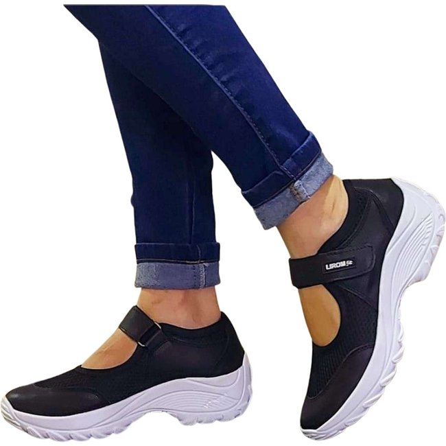 Sapato Sapatilha Lirom Boneca Confortavel Tecido e Couro Preto