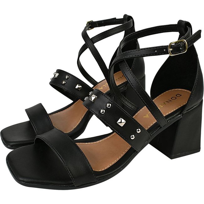 Sandália Feminina Salto Alto Donatella Shoes Bico Quadrado Casual Spike Hotfix Santorine Preto