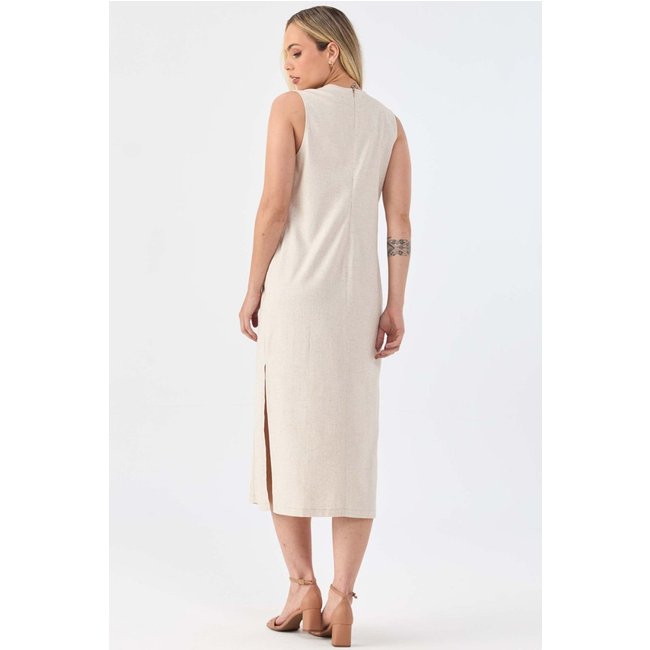 Vestido Midi PKS Com Fendas Linho Natural