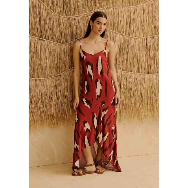 Vestido Longo Drop Waist Estampado Chimu Marrom