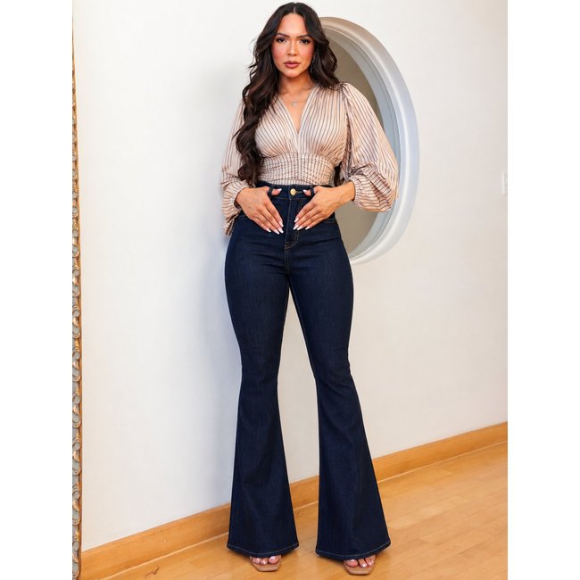 Calça Donna De Paula Flare Azul Carbono Boca De Sino Cintura Alta Empina Bumbum
