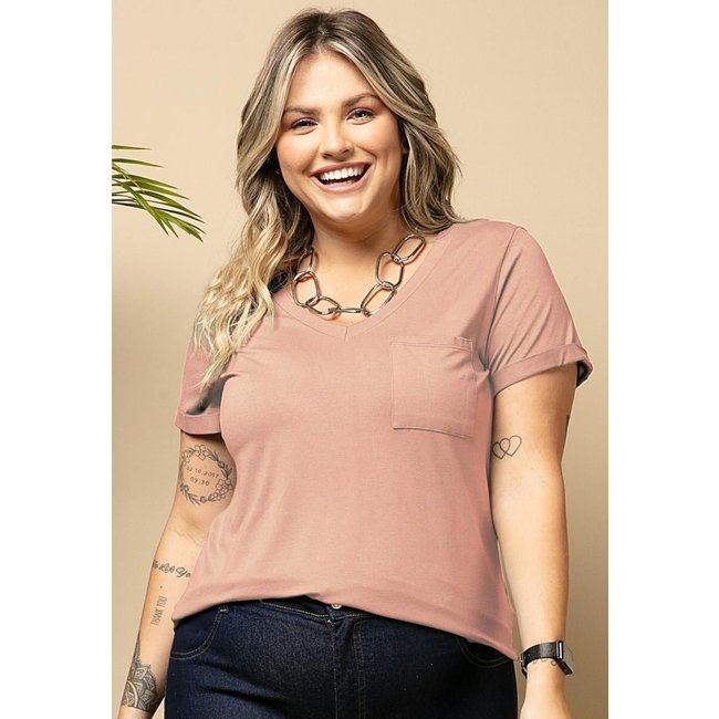 Blusa Com Decote V E Bolso Frontal Rosa Quintess