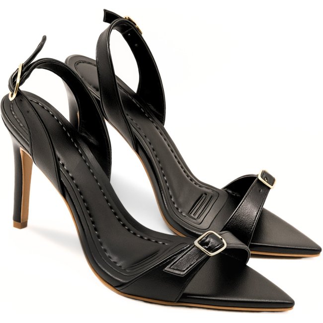 Sandália Feminina Salto Fino Bico Folha Sling Mid Com Fivela Preta Elegante 6014
