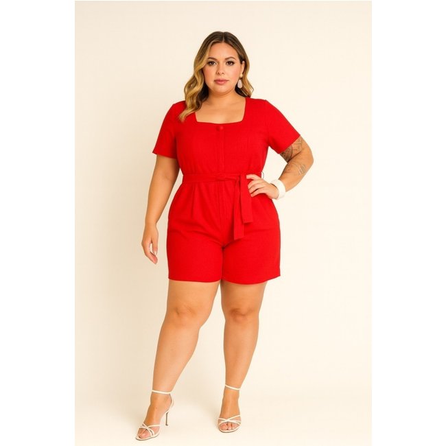 Macaquinho Plus Size Linho Leve com Cinto e Bolso-Faca