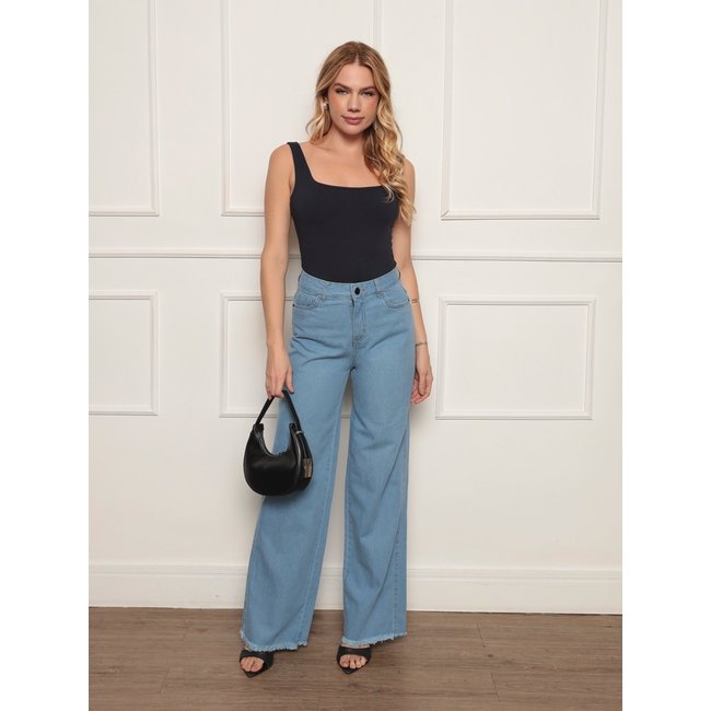 Calça Widleg Jeans Feminina Confortavel e Casual Ideal Dia a Dia Azul Claro