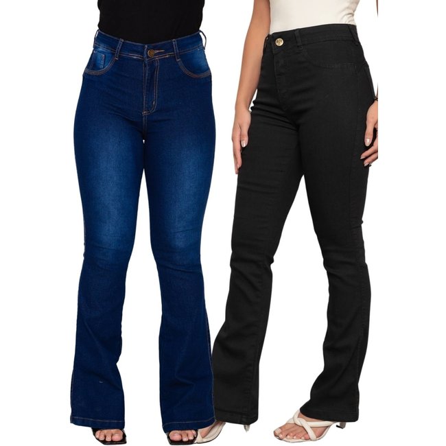 KIT 2 Calça Feminina Flare Mys Jeans Cintura Alta Confortável Azul Manchado e Preto