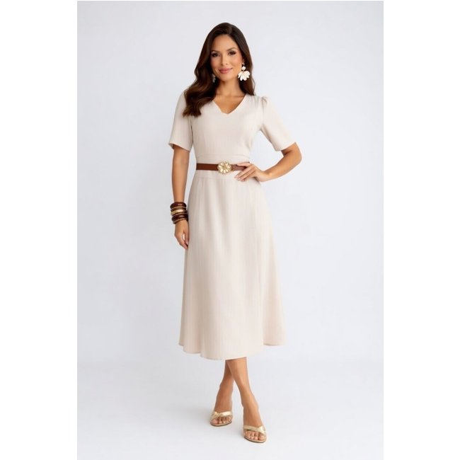 Vestido Midi D Bell Outlet Fashion Gola V com Cinto Nude