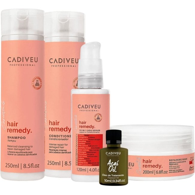 Kit Cadiveu Essentials Hair Remedy Shampoo Condicionador Máscara Leave-in e Açaí Oil (5 produtos)